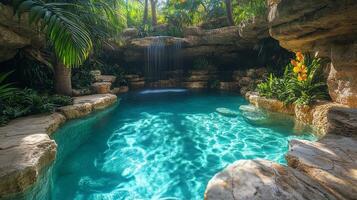 A pool with a waterfall and rocks in the middle photo