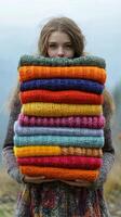 A woman holding a stack of colorful knitted blankets photo