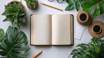 Open book with pencil, notebook, pen, glasses, and green plants on white background photo