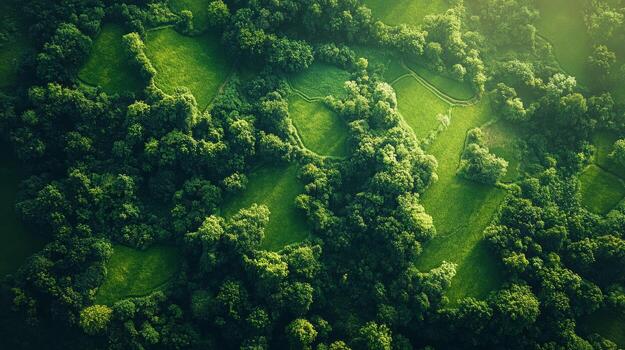 Aerial view of green forest and grassland photo
