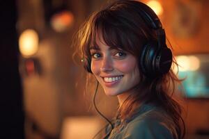 A woman wearing headphones in a recording studio photo