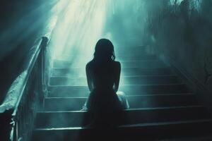 A woman sitting on the stairs in a dark room photo