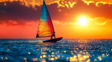A sailboat is sailing in the ocean at sunset photo