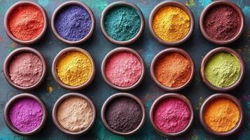 Colorful powders in bowls on a dark background photo