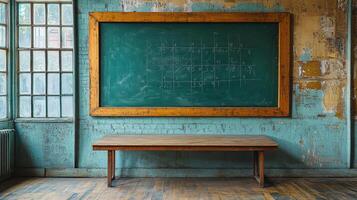 An old school room with a chalk board and wooden table photo