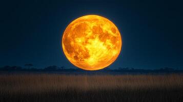 A large orange moon is seen over a field photo