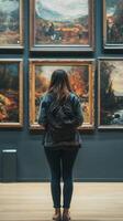 A woman with a backpack looking at paintings in an art museum photo