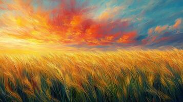 A painting of a field of wheat with a colorful sunset photo
