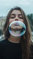 A woman blowing a bubble with her mouth open photo