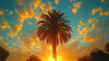 A palm tree is in the foreground of a sunset photo