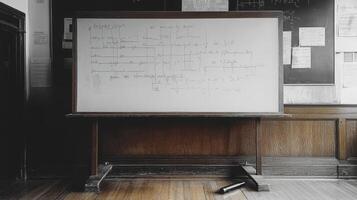 A black and white photo of a whiteboard in a classroom