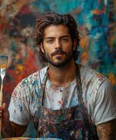 A man with tattoos holding a paintbrush photo