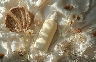 A bottle of lotion and flowers on a bed photo