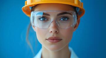 A woman wearing a hard hat and safety glasses photo
