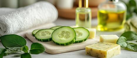 Cucumber, olive oil, and cheese on a cutting board photo