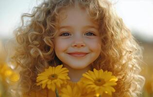 A little girl with curly hair is smiling photo