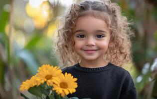 A little girl holding a bunch of flowers photo