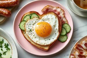 A breakfast of eggs, bacon and cucumber photo