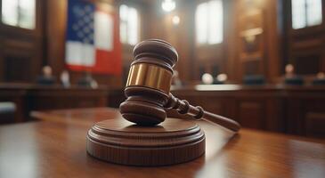 Judge gavel on wooden table in courtroom with american flag in background photo