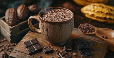 Chocolate and cocoa beans on a wooden table photo