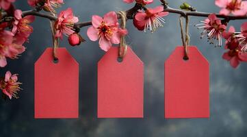 Three red tags hanging from a branch with pink flowers photo