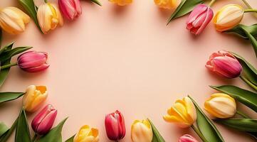 Colorful tulips on pink background photo
