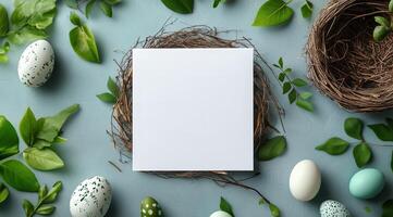 Easter eggs and nest with paper on blue background photo