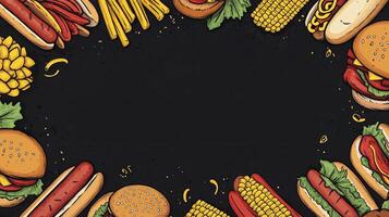 A black background with various foods and drinks photo