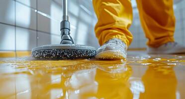 A person in yellow pants and yellow shoes is cleaning a floor with a mop photo