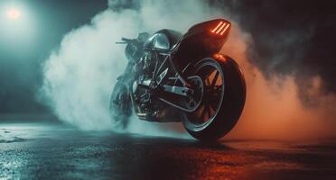 A motorcycle is sitting in the dark with smoke coming out of it photo