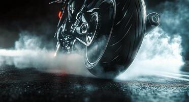 A motorcycle is driving on a road with smoke photo