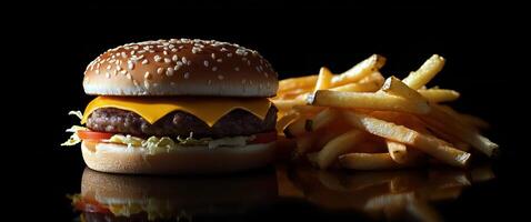 A hamburger and french fries on a black background photo