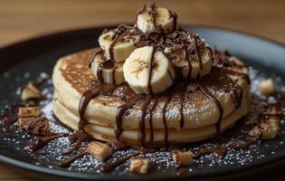 A stack of pancakes topped with bananas and chocolate photo