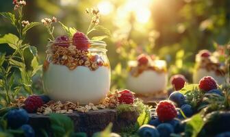Yogurt with berries and granola in a glass jar on the grass photo
