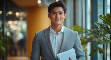 Asian businessman in suit holding folder photo