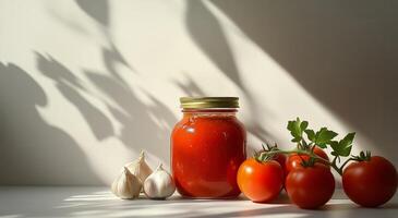 Tomatoes, garlic and a jar of tomato sauce on a table photo