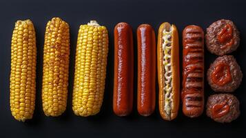 A row of hot dogs, corn and ketchup photo