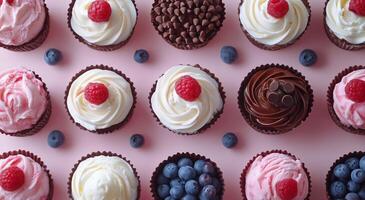 Cupcakes with frosting and berries on a pink background photo
