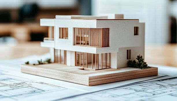 A model of a house sits on top of a blueprint photo