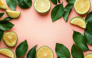 Lime and avocado slices on a pink background photo
