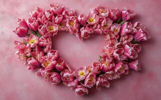 Pink tulips arranged in a heart shape on a pink background photo
