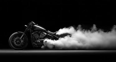 A black and white photo of a motorcycle with smoke coming out of it
