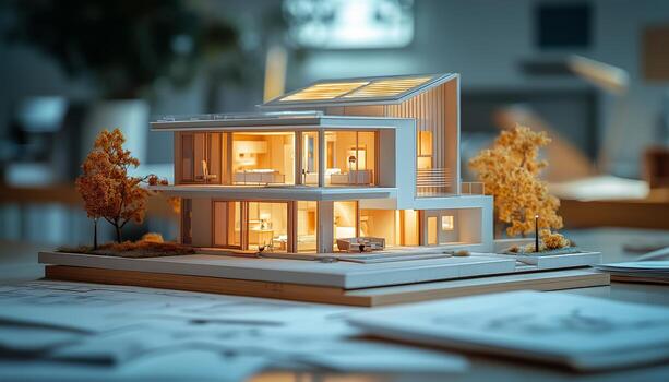 A model of a house sitting on a desk photo