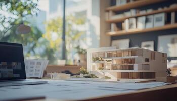 A model of a house is sitting on a desk photo
