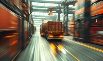 A truck driving through a warehouse with cargo containers photo