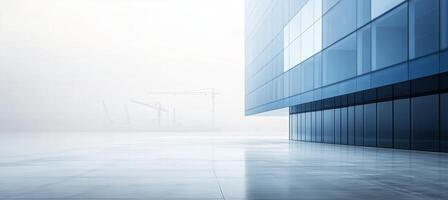 An empty building with blue glass walls and a foggy sky photo