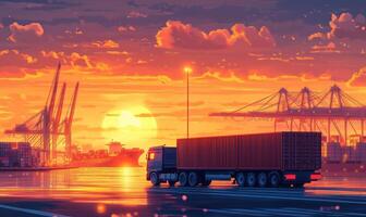 A truck is driving down a road at sunset photo
