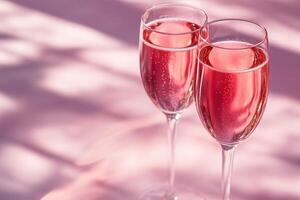 Two glasses of pink champagne on a pink background photo