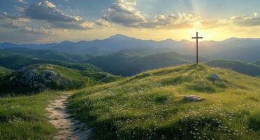 A cross on a hill in the mountains photo