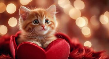 A kitten sitting in a red heart shaped box photo